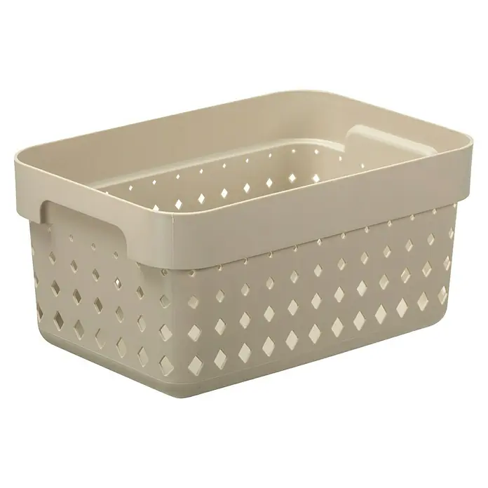 Aufbewahrungsbox Seoul - L x B x H: 26 x 18 x 12,6 cm, Kunststoff, Beige - Beigefarbener Kunststoffkorb mit rechteckiger Form und Rautenmuster zur Aufbewahrung verschiedener Gegenstände.