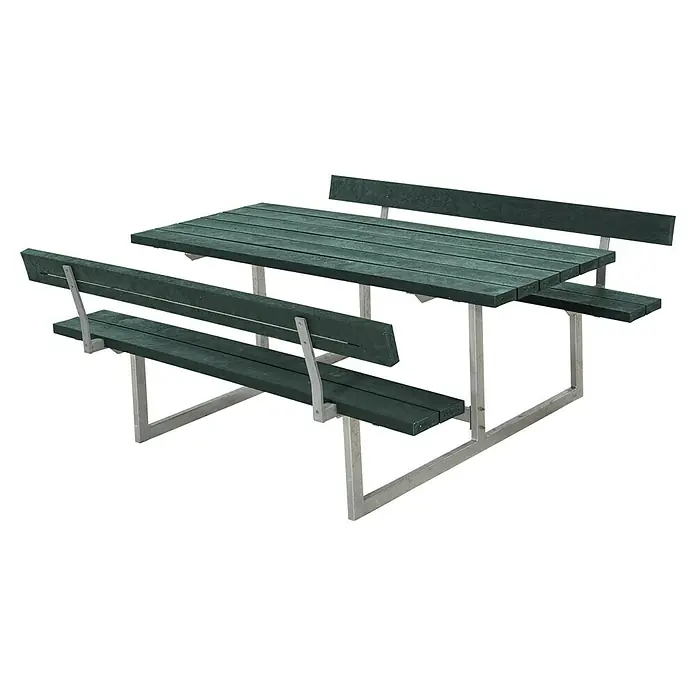 Plus Sitzgruppen-Set Basic - Grün, Stahl/ReTex, 6 Personen, mit Rückenlehne - Abbildung eines grünen Picknicktisches mit Rückenlehne und silbernen Beinen.