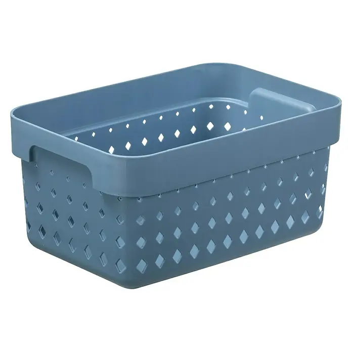 Aufbewahrungsbox Seoul - L x B x H: 26 x 18 x 12,6 cm, Kunststoff, Blau - Bild eines hellblauen Kunststoffkorbs mit Diamantmuster und Griffen. Ideal für die Organisation im Haushalt und Büro.
