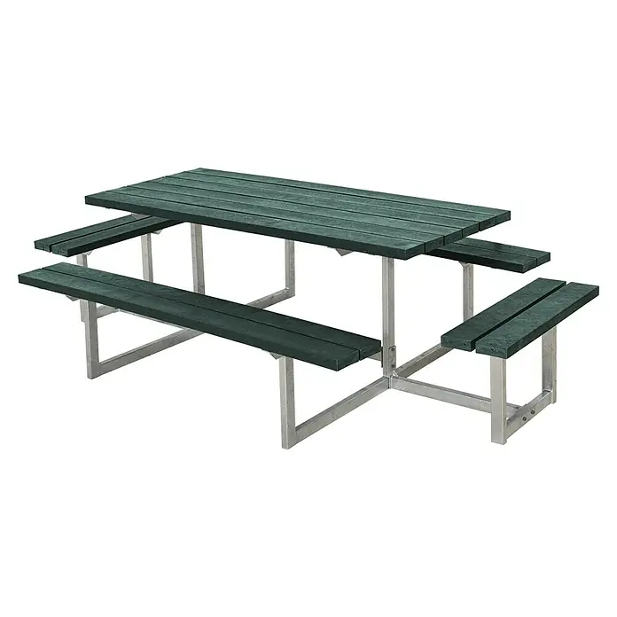Plus Sitzgruppen-Set Basic - Grün, Stahl/ReTex, 8 Personen, ohne Rückenlehne - Grüner Picknicktisch mit silbernem Metallrahmen. Perfekt für Mahlzeiten im Freien und Zusammenkünfte. Langlebiges Design für Parks und Gärten.