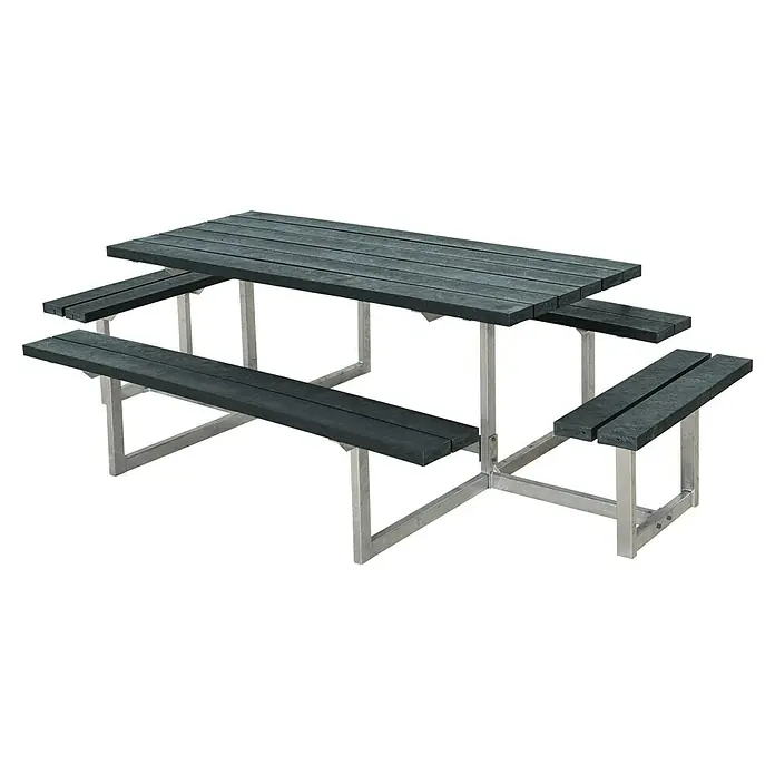 Plus Sitzgruppen-Set Basic - Grau, Stahl/ReTex, 8 Personen, ohne Rückenlehne - Grauer Picknicktisch mit silbernem Metallrahmen, ideal für den Außenbereich, mit robusten Bänken und Tischplatten.