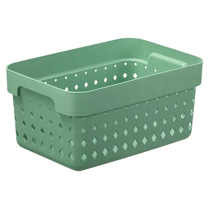 Aufbewahrungsbox Seoul - L x B x H: 26 x 18 x 12,6 cm, Kunststoff, Grün - Mintgrüner Aufbewahrungskorb aus Kunststoff mit rautenförmigen Aussparungen für Ordnung und Übersicht.