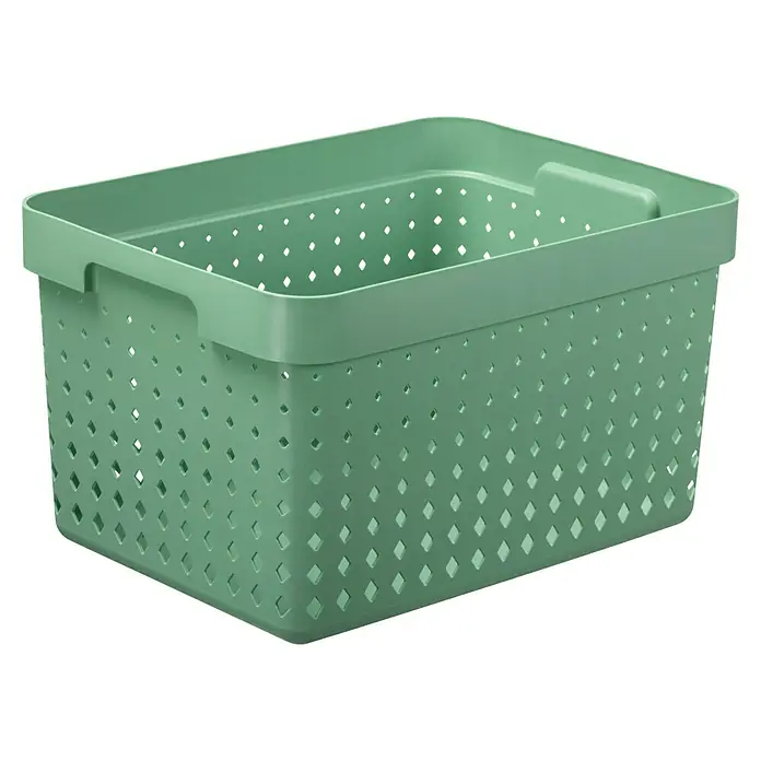Aufbewahrungsbox Seoul - L x B x H: 35,7 x 26,8 x 20,9 cm, Kunststoff, Grün - Diese Aufnahme zeigt eine mintgrüne Kunststoffaufbewahrungsbox mit Griffen und einem Muster aus rautenförmigen Löchern.