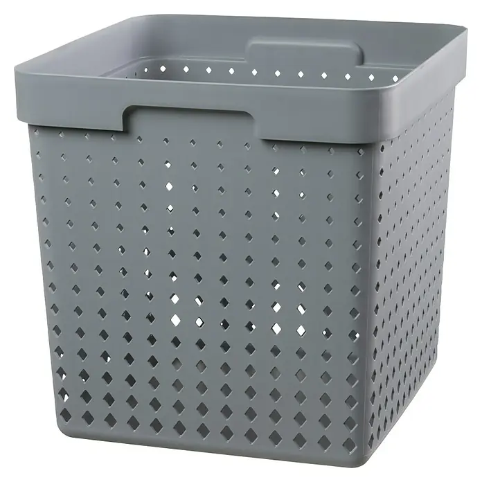 Aufbewahrungsbox Seoul - L x B x H: 29,6 x 29,6 x 29,6 cm, Kunststoff, Grau - Grauer quadratischer perforierter Korb mit Griffen zum einfachen Tragen und zur Aufbewahrung verschiedener Gegenstände.