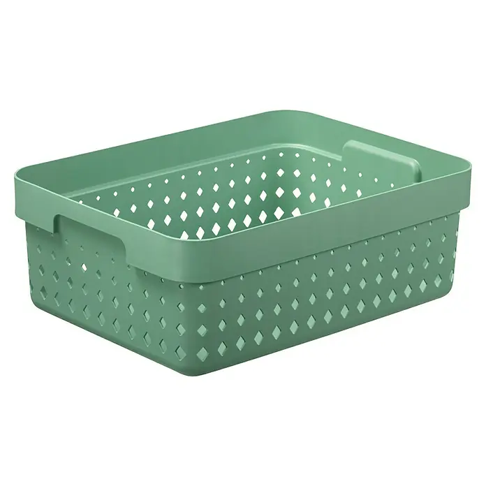 Aufbewahrungsbox Seoul - L x B x H: 36 x 27 x 13 cm, Kunststoff, Grün - Nahaufnahme eines mintgrünen Kunststoffkorbs mit Griffen und Lochmuster, ideal zur Aufbewahrung.