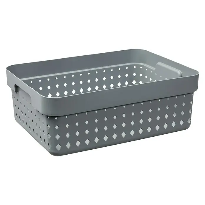 Aufbewahrungsbox Seoul - L x B x H: 36 x 27 x 13 cm, Kunststoff, Grau - Grauer perforierter Kunststoffkorb für die Aufbewahrung. Der Korb hat Löcher in Rautenform und Tragegriffe an den Seiten.