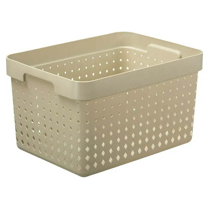 Aufbewahrungsbox Seoul - L x B x H: 35,7 x 26,8 x 20,9 cm, Kunststoff, Beige - Ein beigefarbener Kunststoff-Aufbewahrungskorb mit einem Lochmuster und Griffen. Ideal zur Organisation von Gegenständen im Haushalt.