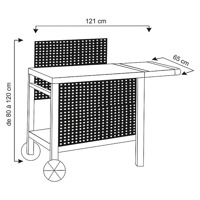 Mesa de barbacoa Reva 110 Premium para barbacoa - L x An x Al: 65 x 121 x 110 cm - Ilustración de un carrito de servicio con ruedas y una estantería extraíble, dimensiones incluidas.