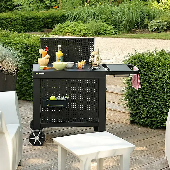 Mesa de barbacoa Reva 110 Premium para barbacoa - L x An x Al: 65 x 121 x 110 cm - Carrito de servicio para exterior "Cook'in Garden" con almacenaje, ruedas y accesorios. Ideal para fiestas y barbacoas en el jardín, elegante y útil.