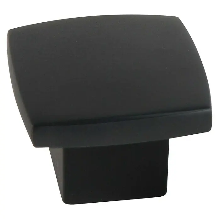 Nesu Tirador para muebles 28722 - L x An x Al: 2,5 x 2,5 x 1,9 cm, Acero - Primer plano de un tirador de armario cuadrado negro mate con bordes redondeados, que combina diseño moderno y funcionalidad.
