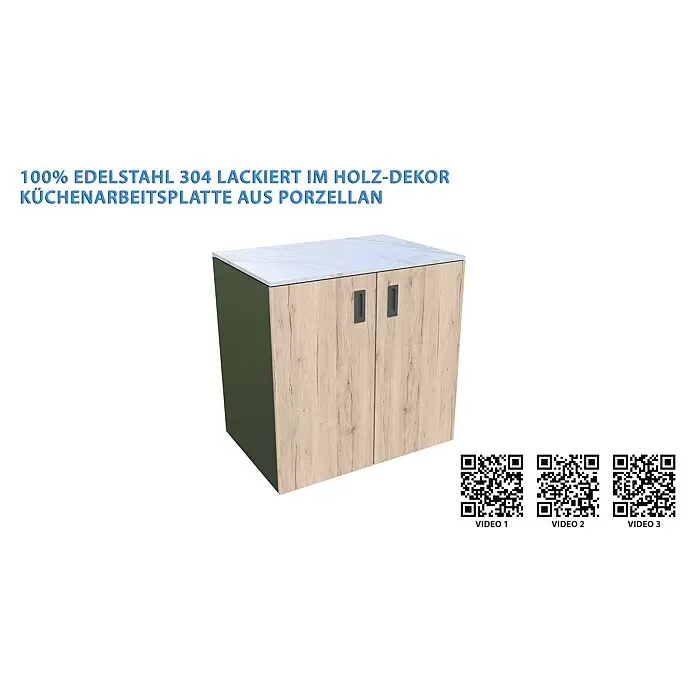 Bellano Living Outdoorküchen-Modul Basisschrank - Eiche, B x T x H: 90 x 63,4 x 93,5 cm - Küchenunterschrank aus Edelstahl mit Holzeffekt-Türen und weißer Porzellan-Arbeitsplatte in Marmoroptik.
