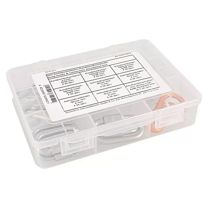 Marinetech Sortimentskasten Karabinerhaken & Verbinder - 32 -tlg., Edelstahl - Klare Kunststoff-Sortimentsbox mit verschiedenen silber- und kupferfarbenen Karabinerhaken und Schraubverbindern.