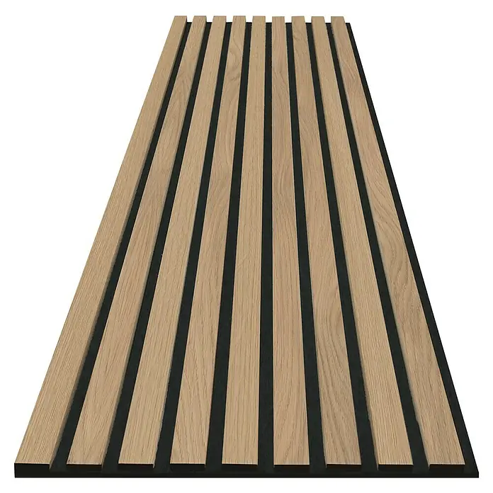 b!design Wandpaneel Wall Prime Akustikline - Eiche Hellbraun, 2.440 x 535 mm - Holzpaneel mit Lattenmuster und schwarzem Hintergrund, ideal für moderne Wandgestaltung und akustische Verbesserungen.