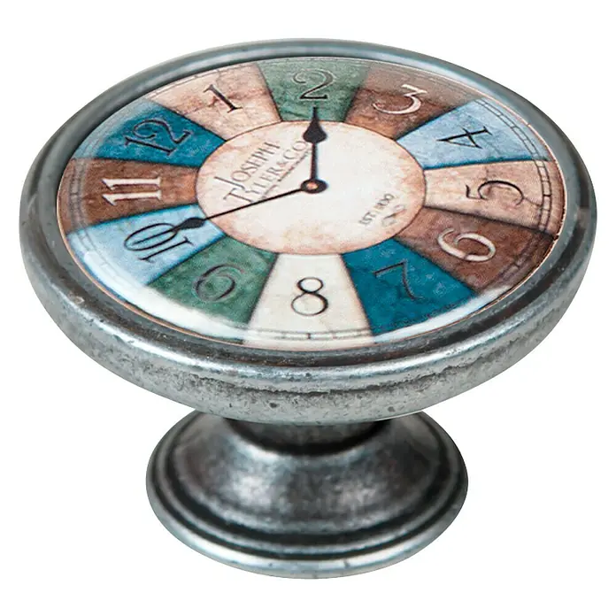 Nesu Pomo para muebles Reloj plateado - Ø x Al: 37 x 26 mm - Este pomo redondo para muebles con un motivo de reloj antiguo añade un toque vintage a cualquier mueble.