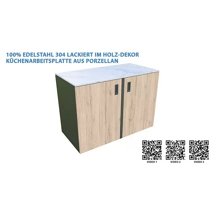 Bellano Living Outdoorküchen-Modul Doppelschrank - Eiche, B x T x H: 126,8 x 63,4 x 93,5 cm - Küchenunterschrank aus Edelstahl 304 mit Holz-Dekor Front, dunkelgrünen Seiten und weißer Porzellan-Arbeitsplatte.