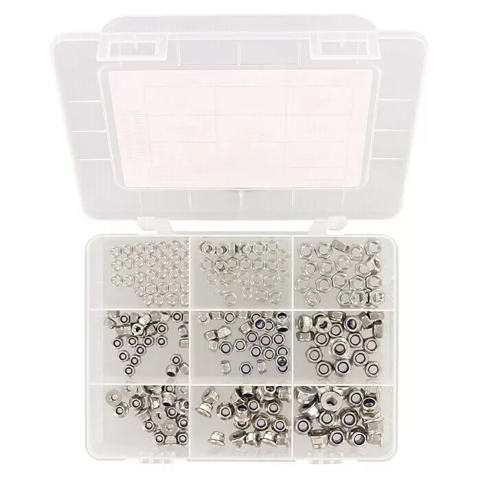 Marinetech Sortimentskasten Muttern - 220 -tlg. - Sortierte silberfarbene Metallmuttern (Sechskant-, blaue Sicherungsmuttern) in offener transparenter Plastikbox.