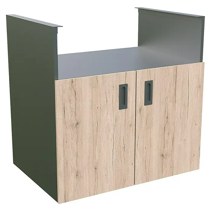 Bellano Living Outdoorküchen-Modul Grillelement - Eiche, B x T x H: 90 x 63,4 x 92 cm - Ein Unterschrank mit zwei Türen in Holzoptik und grauen Griffen. Der Schrank hat eine graue Abdeckung und Seitenwände.