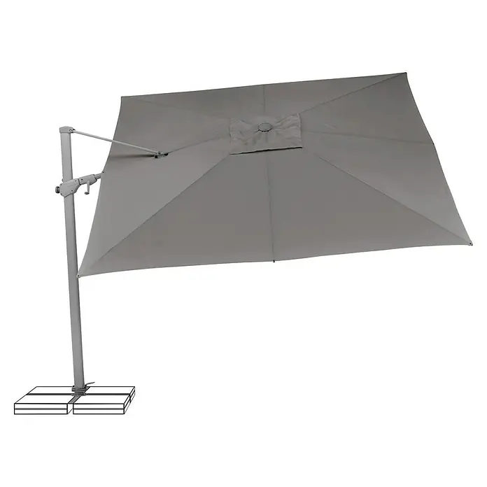 Suncomfort Ampelschirm Varioflex - Steingrau, Bespannungsmaß (L x B): 300 x 300 cm - Das Bild zeigt einen grauen, quadratischen Sonnenschirm mit einem stabilen Ständer, ideal für den Einsatz im Garten oder auf der Terrasse.