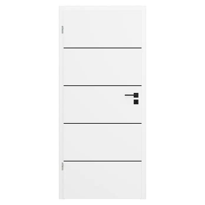 Invado Zimmertür BL1 - 735 x 1.985 mm, DIN Anschlag: Links, Verkehrsweiß matt, Röhrenspan - Elegante, moderne weiße Innentür mit horizontalen schwarzen Akzenten und einem schlanken, schwarzen Türgriff, die ein minimalistisches Design verkörpert.