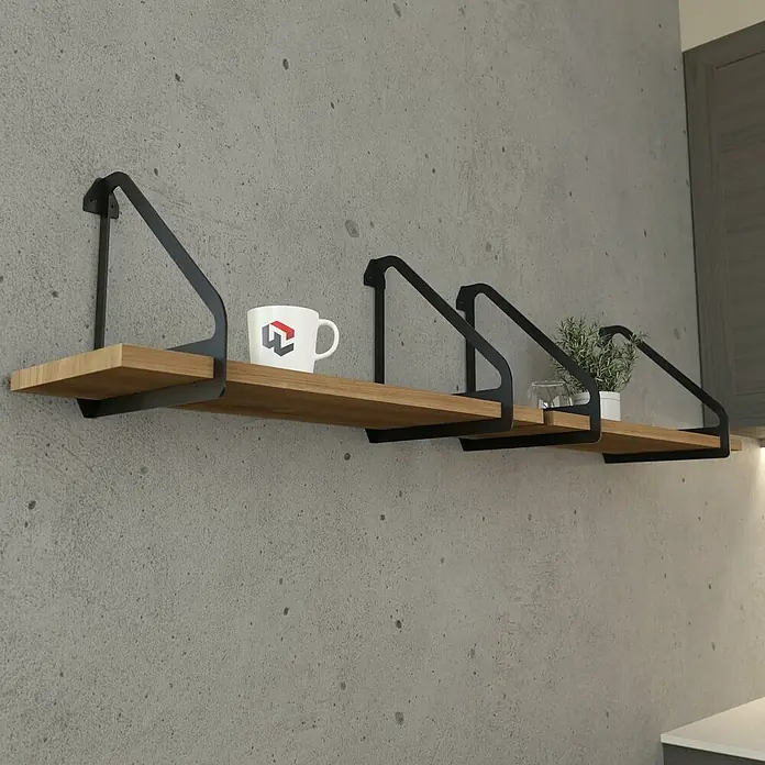 Walteco Wandkonsole Inspira - L x B x H: 26 x 23,4 x 26 cm, Stahl, Mattschwarz - Holzregale mit schwarzer Metallhalterung an einer Betonwand mit einer Tasse und einer Pflanze darauf.