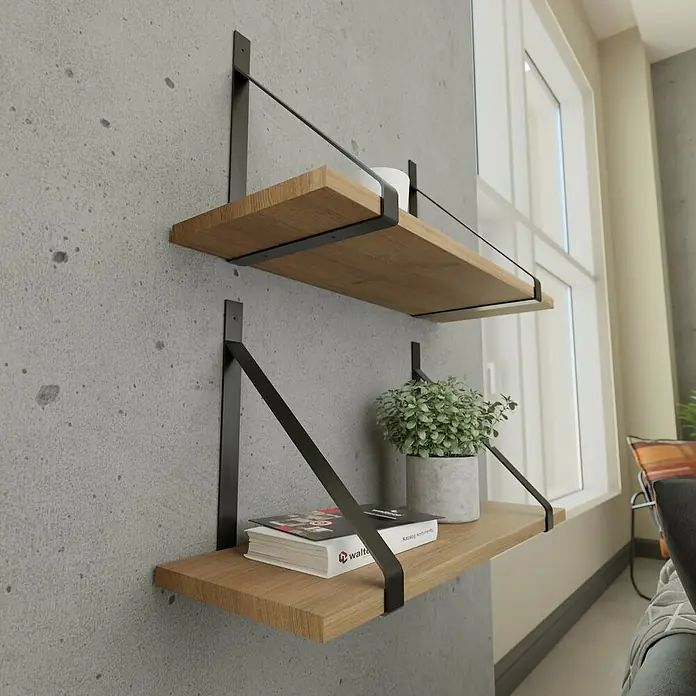 Walteco Wandkonsole - B x L: 22 x 30 cm, Stahl - Wandregale aus Holz mit schwarzem Metallrahmen, die an einer grauen Wand befestigt sind und dekorative Gegenstände tragen.
