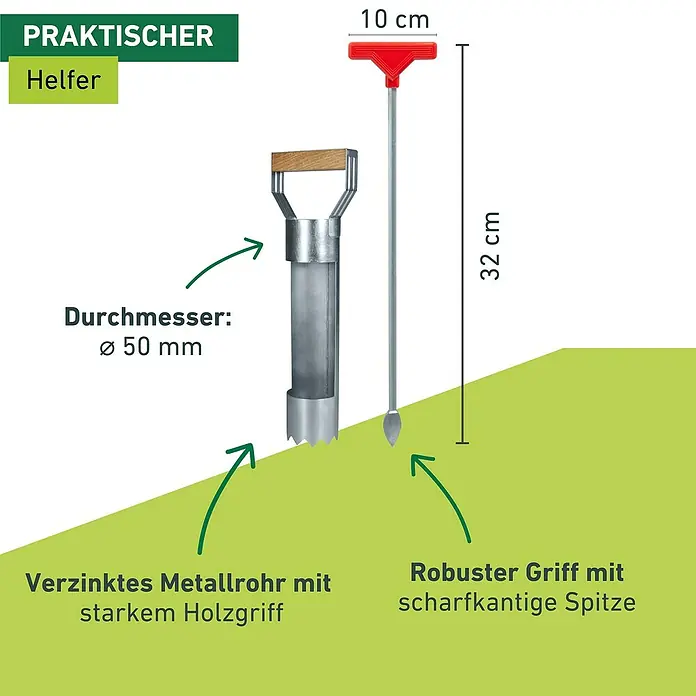 Windhager Zubehör-Set für Wühlmausfallen - 2 -tlg., Metall, Verzinkt - Produktbild eines praktischen Gartenhelfers mit Maßen.