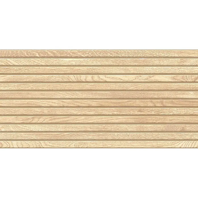 Wandfliese Boseli Wood - 29,8 x 59,8 cm, Hellbeige, Matt - Nahaufnahme einer Wand mit hellen Holzpaneelen, die eine warme und natürliche Textur für moderne Innenräume bieten.