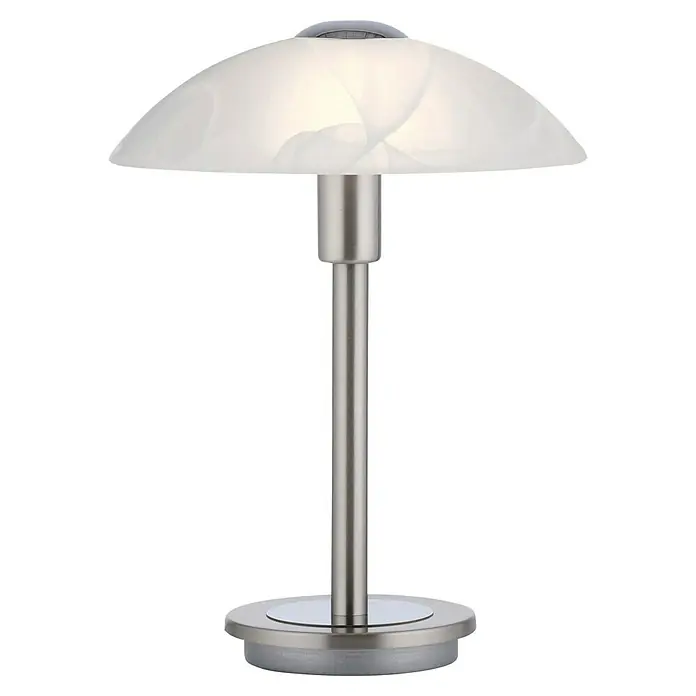 Paul Neuhaus Tischleuchte Enova - 3 W, L x B x H: 20 x 20 x 28 cm, Stahl, Weiß - Nahaufnahme einer stilvollen Tischleuchte mit Schirm und Metallfuß, die ein sanftes, einladendes Licht verbreitet.
