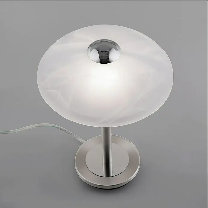 Paul Neuhaus Tischleuchte Enova - 3 W, L x B x H: 20 x 20 x 28 cm, Stahl, Weiß - Elegante Tischleuchte mit rundem Schirm und silberfarbenem Fuß, die ein sanftes Licht verbreitet.\n
