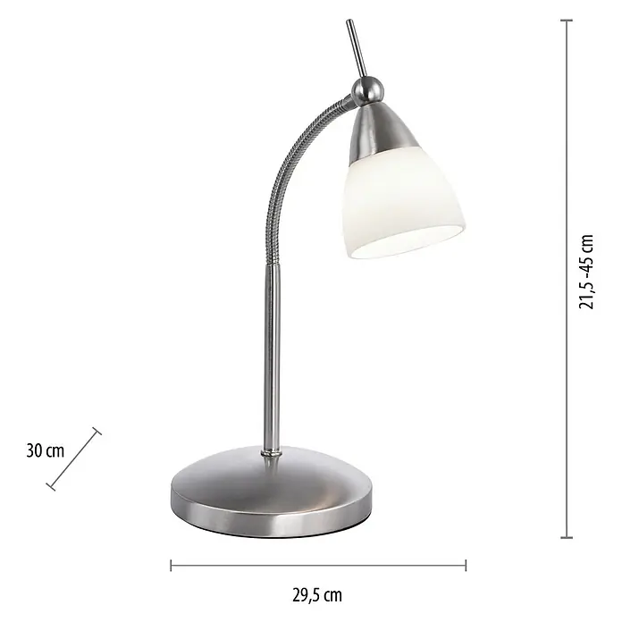 Paul Neuhaus Tischleuchte Pino - 3 W, L x B x H: 30 x 29,5 x 45 cm, Stahl, Weiß - Produktbild einer Schreibtischlampe aus Metall mit den Maßen: 21,5-45cm Höhe, 30cm Durchmesser und 29,5cm Breite.