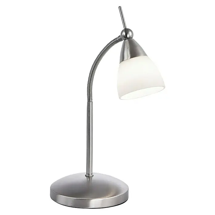 Paul Neuhaus Tischleuchte Pino - 3 W, L x B x H: 30 x 29,5 x 45 cm, Stahl, Weiß - Nahaufnahme einer schwenkbaren, modernen, gebürsteten Nickel-Schreibtischlampe mit Lampenschirm aus weißem Glas vor schwarzem Hintergrund.