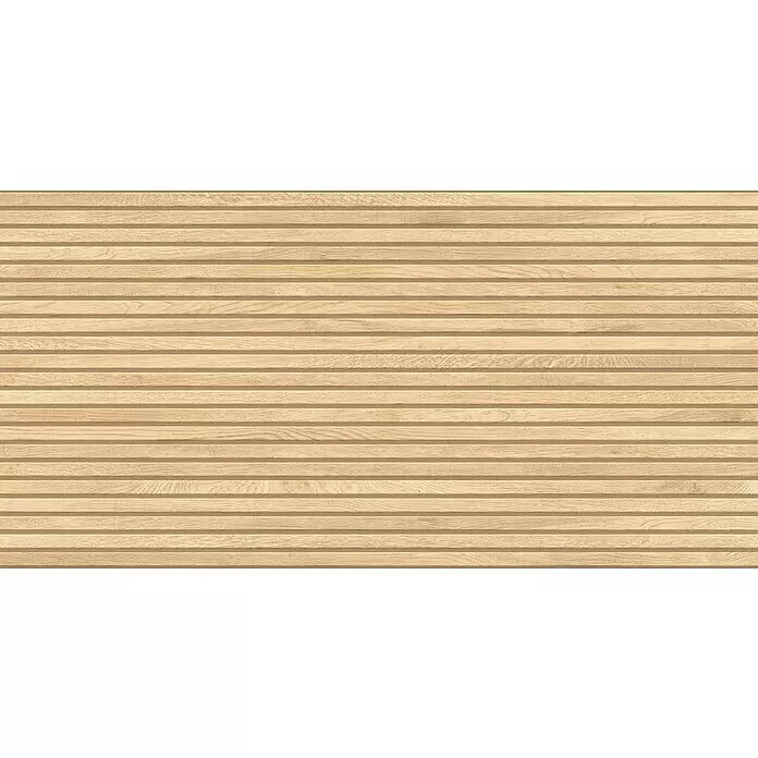 Feinsteinzeugfliese Boseli Wood - 59,8 x 119,8 cm, Beige, Matt - Helle Holzvertäfelung mit horizontalen Rillen und natürlicher Holzmaserung.