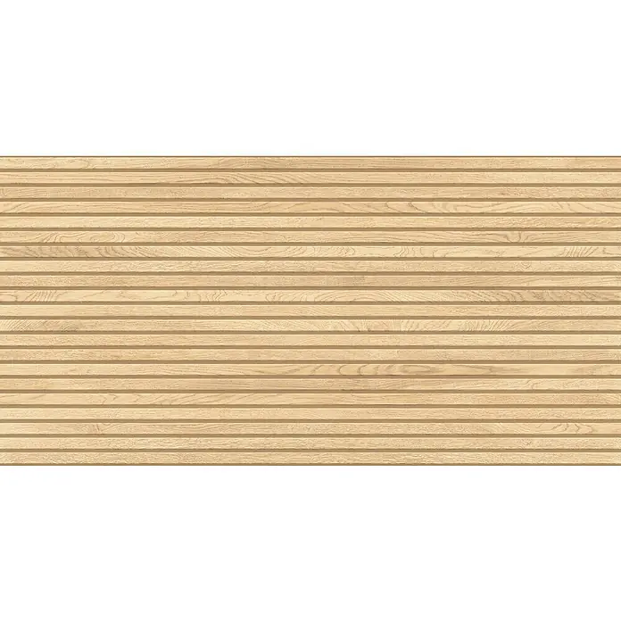 Feinsteinzeugfliese Boseli Wood - 59,8 x 119,8 cm, Beige, Matt - Detailaufnahme einer Holzvertäfelung mit horizontalen Brettern. Die Oberfläche zeigt eine natürliche Maserung und helle Farbgebung.