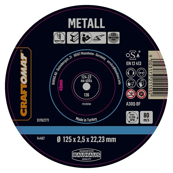 Craftomat Doorslijpschijf A30Q-BF (Geschikt voor: Metaal, Schijfdiameter: 125 mm, 10 st.) | BAUHAUS