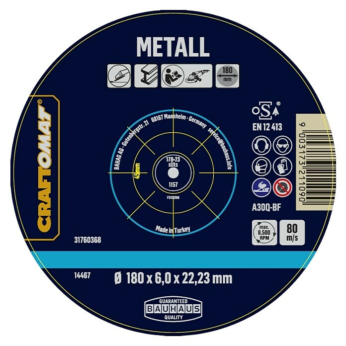 Craftomat Schruppscheibe A30Q-BF (Geeignet für: Metall, Durchmesser Scheibe: 180 mm, Stärke Scheibe: 6 mm) | BAUHAUS