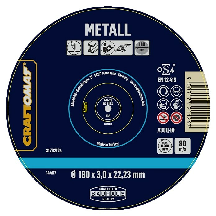 Craftomat Doorslijpschijf A30Q-BF (Geschikt voor: Metaal, Schijfdiameter: 180 mm, Dikte plaat: 3 mm) | BAUHAUS