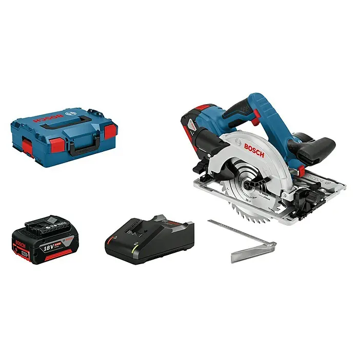 Bosch Professional AMPShare 18V Akku-Handkreissäge GKS 18V-57 G L-Boxx - 18 V, 1 Akku, Leerlaufdrehzahl: 3.400 U/min - Abbildung eines Bosch Akku-Kreissäge-Sets mit Zubehör wie Akku, Ladegerät und Aufbewahrungskoffer.