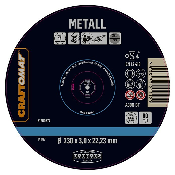 Craftomat Doorslijpschijf A30Q-BF (Geschikt voor: Metaal, Schijfdiameter: 230 mm, Dikte plaat: 3 mm) | BAUHAUS