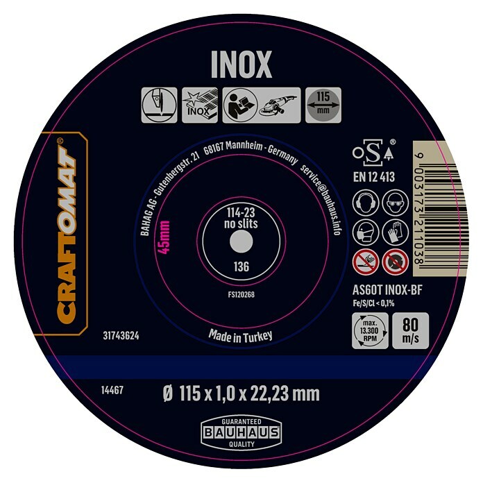 Craftomat Rezni disk AS60T INOX-BF  (Prikladno za: Plemeniti čelik, Promjer rezne ploče: 115 mm, Debljina plohe: 1 mm, 10 Kom.) | BAUHAUS