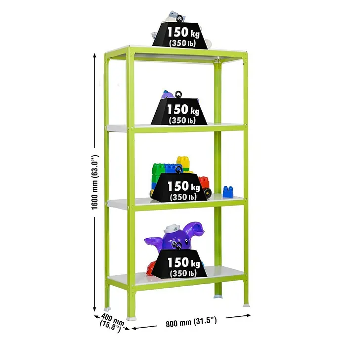 Simonrack Simonhome Metallregal Click Metall Mini - H x B x T: 160 x 80 x 40 cm, Traglast pro Boden: 150 kg, Anzahl Böden: 4 Stk., Stecken, Grün/Weiß - Bild eines vierstöckigen grünen Regals mit weißem Einlegeboden, auf dem sich unterschiedlich schwere Gegenstände befinden.