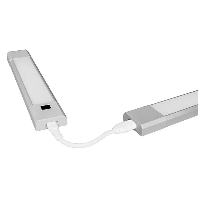 Ledvance LED-Unterbauleuchte Linear Slim Dim Sensor - Lichtfarbe: Warmweiß, 30 cm - Zwei silberne LED-Lichtleisten, mit einem weißen Kabel verbunden. Eine Leiste hat einen schwarzen Knopf.