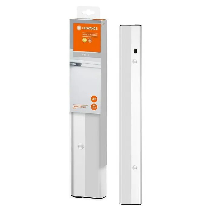 Osram Linear LED-Unterbauleuchte LED Flat - 6 W, Länge: 370 mm, Warmweiß - Das Bild zeigt eine LEDVANCE Linear LED Flat Eco Leuchte in der Verpackung und separat, die die wichtigsten Eigenschaften hervorhebt.
