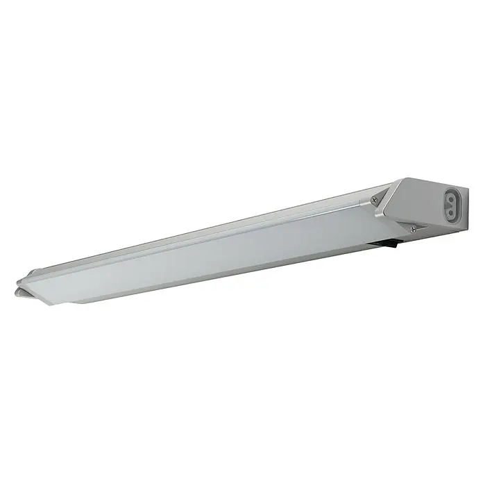 Ledvance Lámpara LED bajo mueble Turn - 6 W, Blanco cálido, Largo: 35,7 cm - Primer plano de una lámpara de techo LED plateada, destacando su diseño moderno y su iluminación energéticamente eficiente.