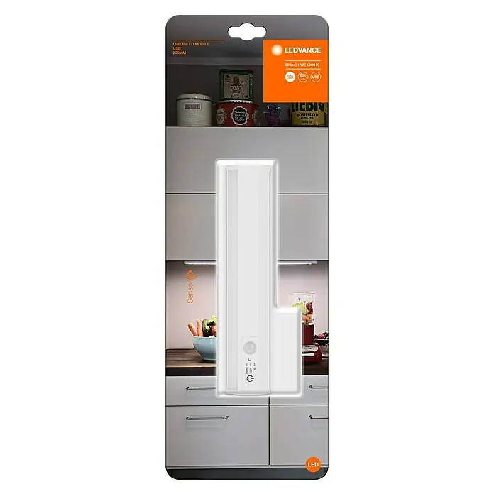 Ledvance Lámpara LED bajo mueble Linearled - 1 W, Blanco frío, Largo: 200 mm, Modo de funcionamiento: Funciona con pilas - Luz USB LEDVANCE LinearLED Mobile, 200 mm, para iluminación flexible debajo de armarios y estanterías, con sensor de movimiento.