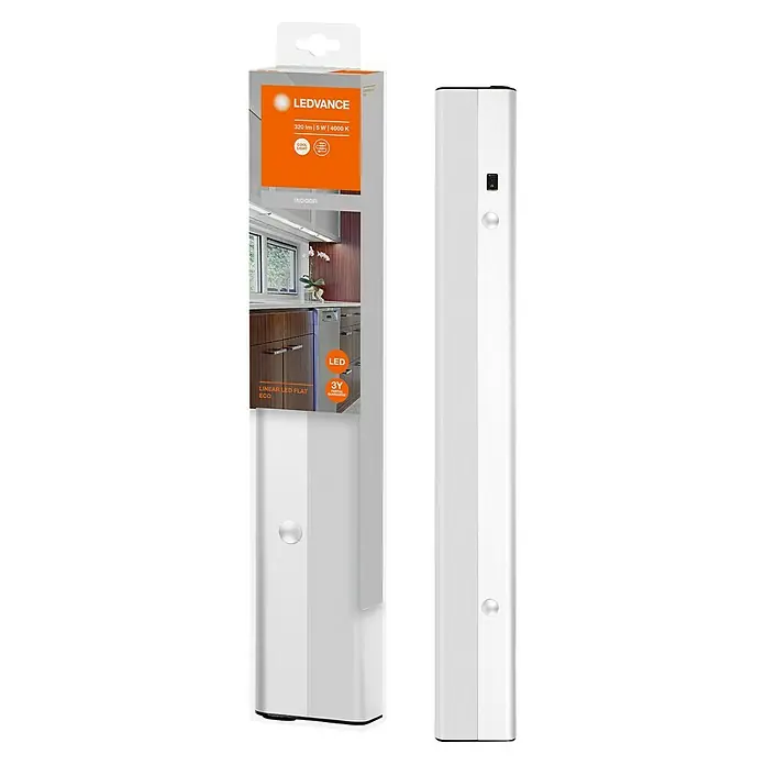 Osram Linear LED-Unterbauleuchte LED Flat - 6 W, Länge: 370 mm, Kaltweiß - Das LEDVANCE Linear LED Flat ECO Licht, verpackt und daneben das Produkt selbst, eine schlanke, weiße Leuchte mit runden Knöpfen.
