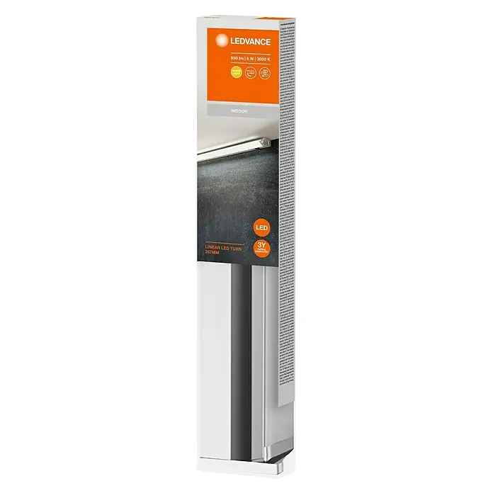 Ledvance Lámpara LED bajo mueble Turn - 6 W, Blanco cálido, Largo: 35,7 cm - La imagen muestra el embalaje de una luz LEDVANCE Linear LED Turn con 650 lm, 6 W y una temperatura de color de 3000 K.
