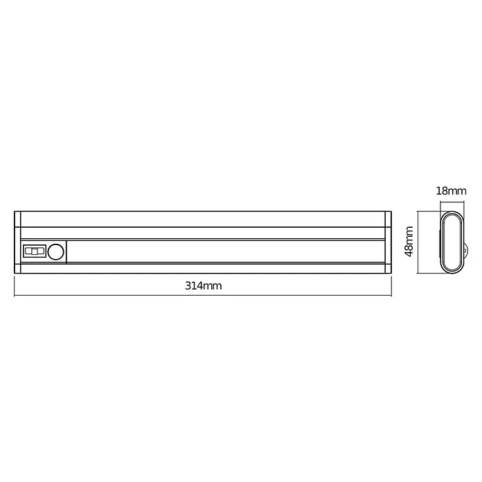 Ledvance LED-Unterbauleuchte Mobile - 2,9 W, Bewegungssensor, L x B x H: 31,4 x 4,8 x 1,8 cm, Weiß - Produktdiagramm einer länglichen LED-Leuchte mit den Maßen 314 mm Länge, 48 mm Höhe und 18 mm Tiefe.