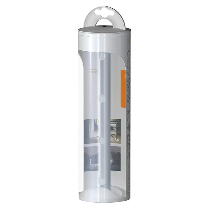 Osram Barra luminosa LED LEDstixx - Plateado, 1 ud. - La lámpara LEDSTIX se presenta en un paquete cilíndrico con imágenes de posibilidades de aplicación. Un dispositivo de transporte está fijado en la parte superior.