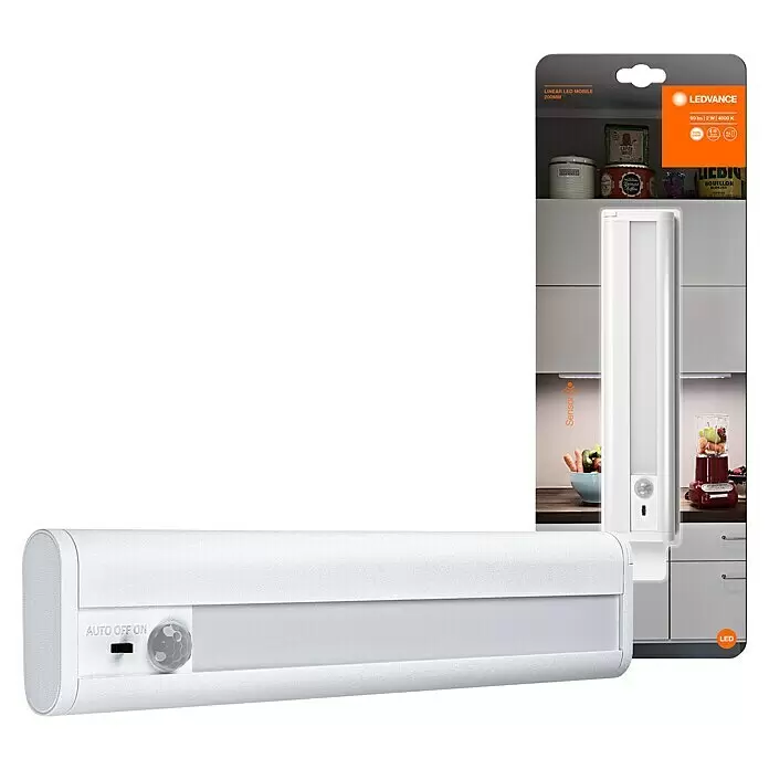 Ledvance LED-Unterbauleuchte Mobile - 1,9 W, Bewegungssensor, L x B x H: 21,4 x 4,8 x 1,8 cm, Weiß - Weiße LED-Lichtleiste mit Bewegungssensor und AUTO OFF ON Schalter, neben der Verpackung dargestellt.