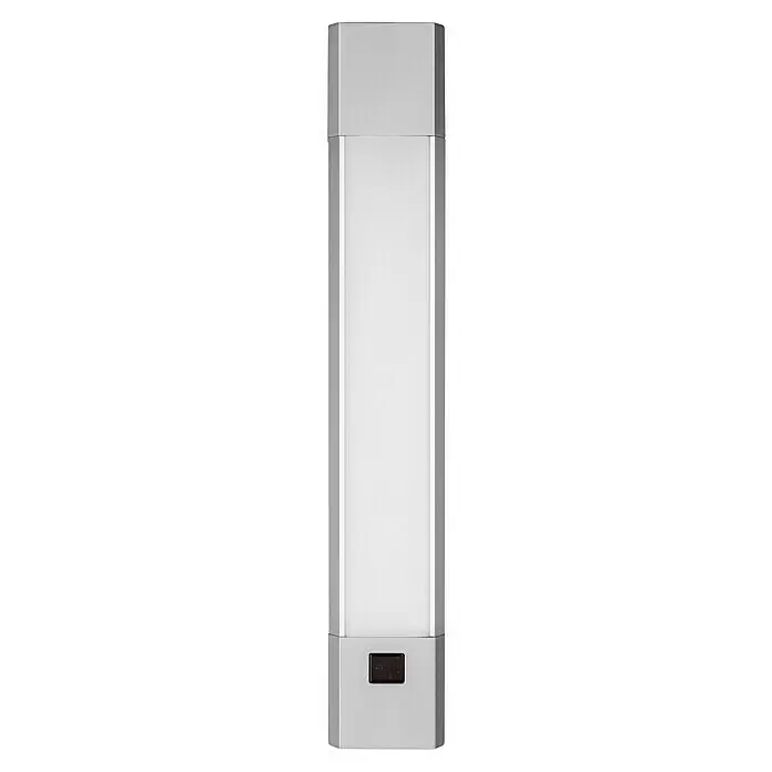 Ledvance LED-Unterbauleuchte Linear Slim Dim Sensor - Lichtfarbe: Warmweiß, 30 cm - Vertikale silberne LED-Leuchte mit weißem beleuchtetem Panel und dunklem Sensor am Sockel.
